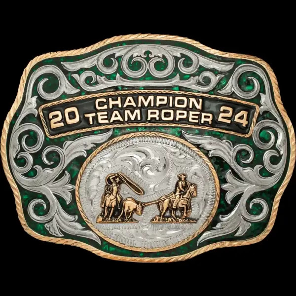 The Sheridan Turquoise Buckle comes with a beautiful hand engraved bronze edge and silver overlays. Customize it with your own lettering, figure and stone color!